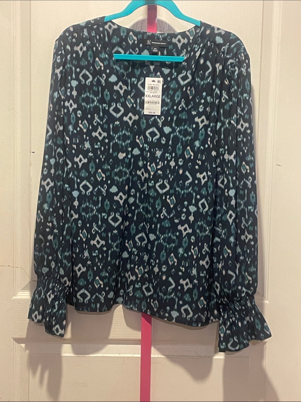 INC International Concepts Navy and Teal Print Long-Sleeve Blouse